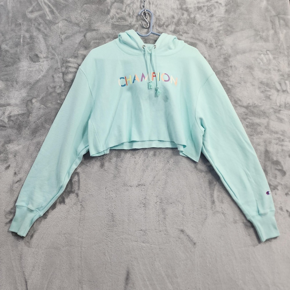 Champion Hoodie Womens S Green Reverse Weave Cropped Heavyweight Colorful Logo